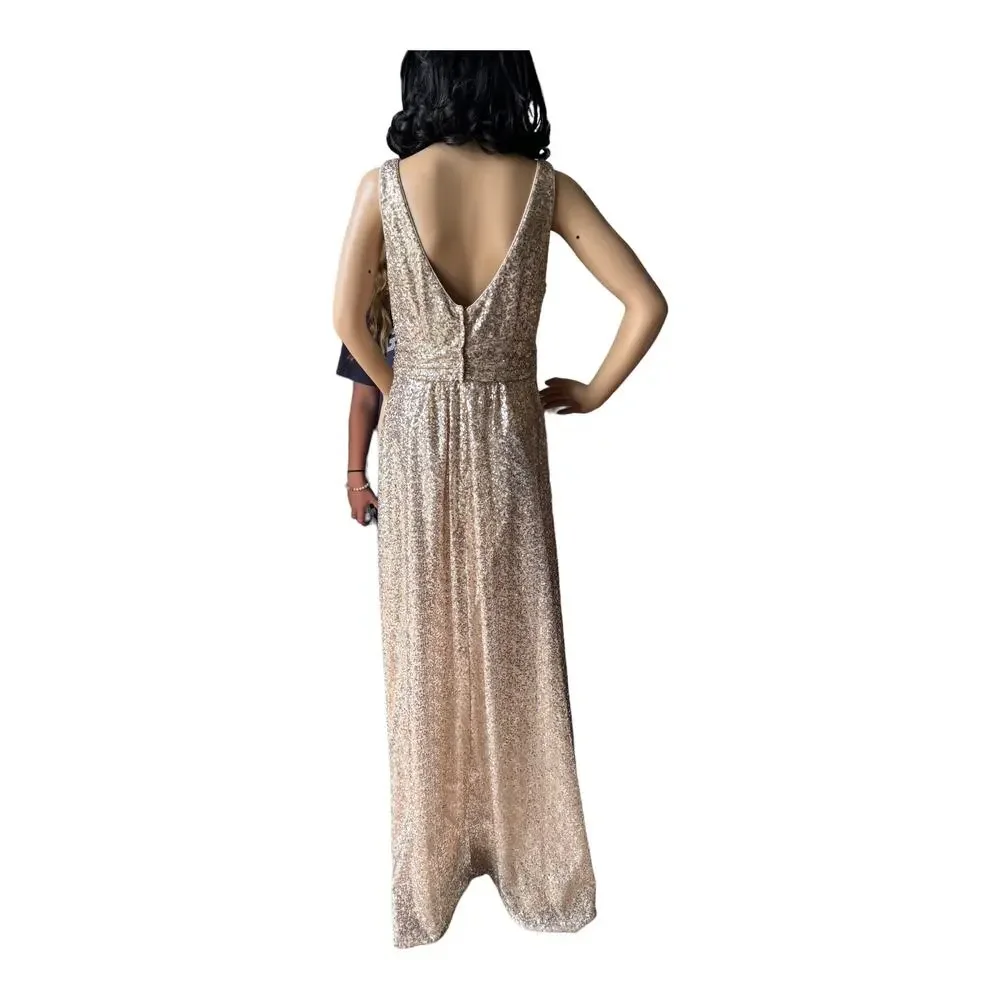 David's Bridal sequin v-neck bridesmaid dress with satin piping gold size 8